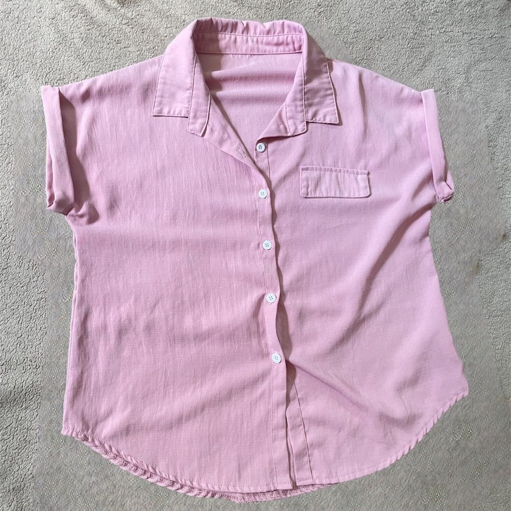 Shein,  Tshirt, fold-over sleeve button front shir, color pink